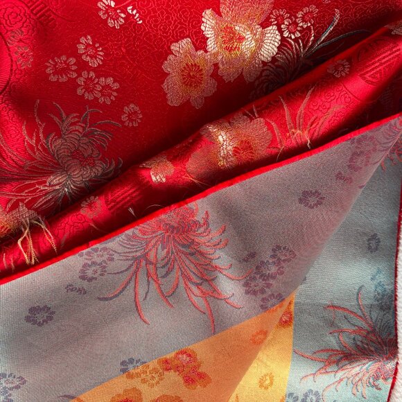 Red Gold Blue Chinese Satin Floral Brocade Fabric 44 x 359 Over 8 Yards - Picture 7 of 9